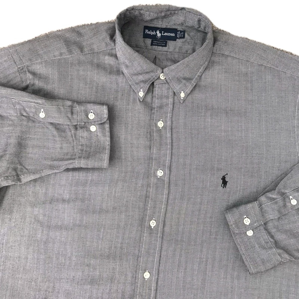 Ralph Lauren Button Down Shirt XXL Navy Herringbone Long Sleeve Pony 17.5 36/37